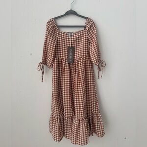 Indigo Blue Checkered Midi Dress in Brown